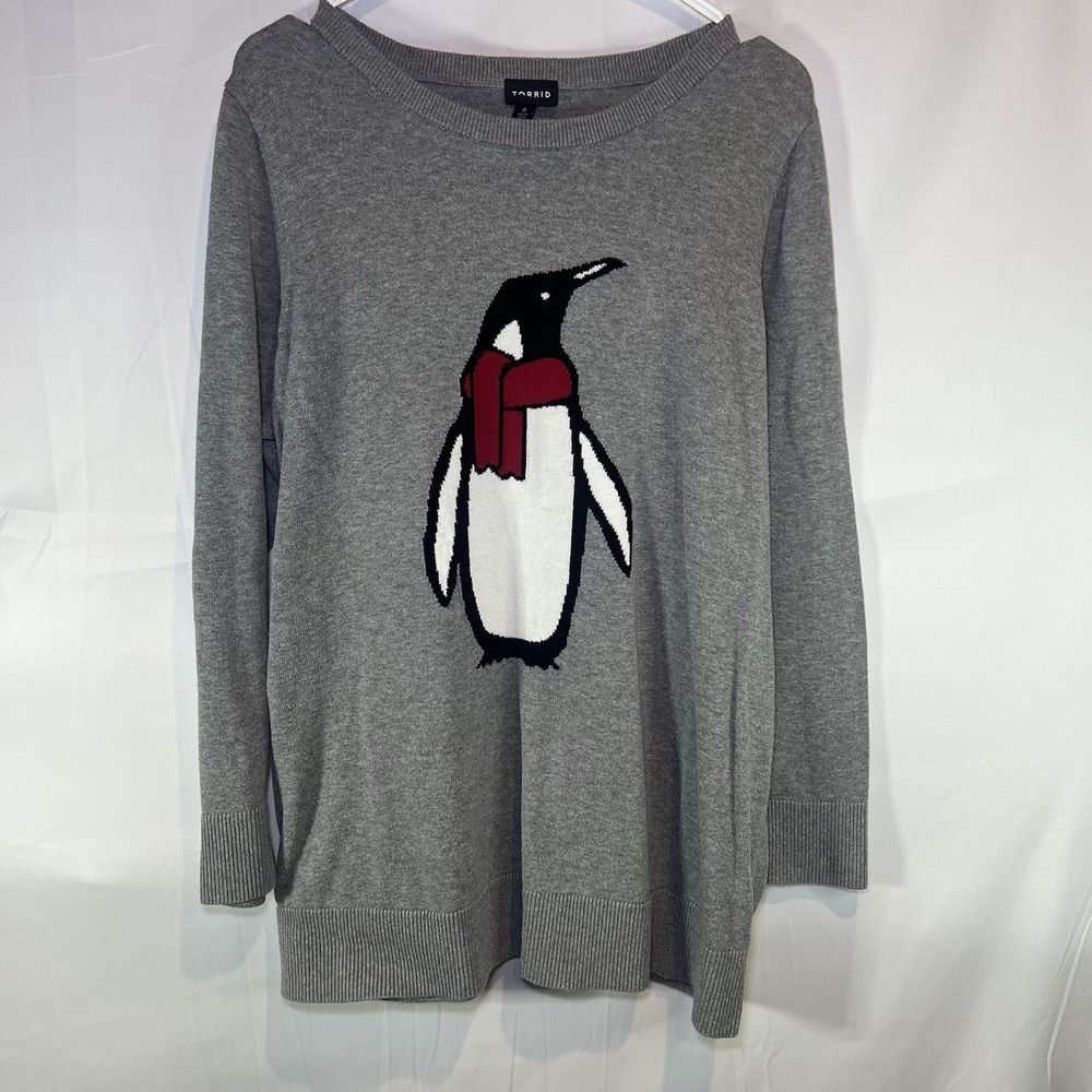 Torrid Womens Size 0 Gray Penguin Sweater Red Scarf Long Sleeve Winter Penguins‎